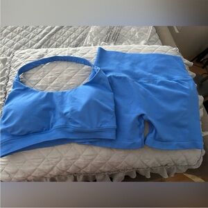 Amazon Essentials Blue Women's Athletic Shorts and Halter Top Sports Bra Set